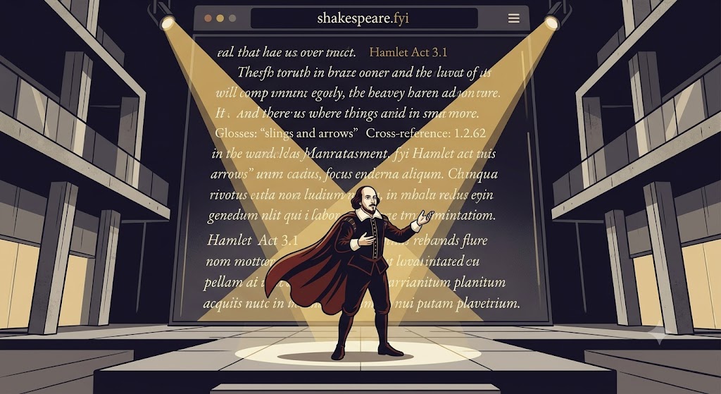 Shakespeare on a lit stage, his words projected behind him