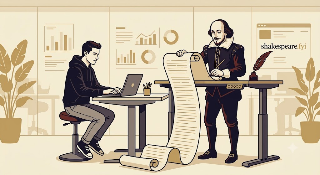 Shakespeare at a standing desk beside a modern coder